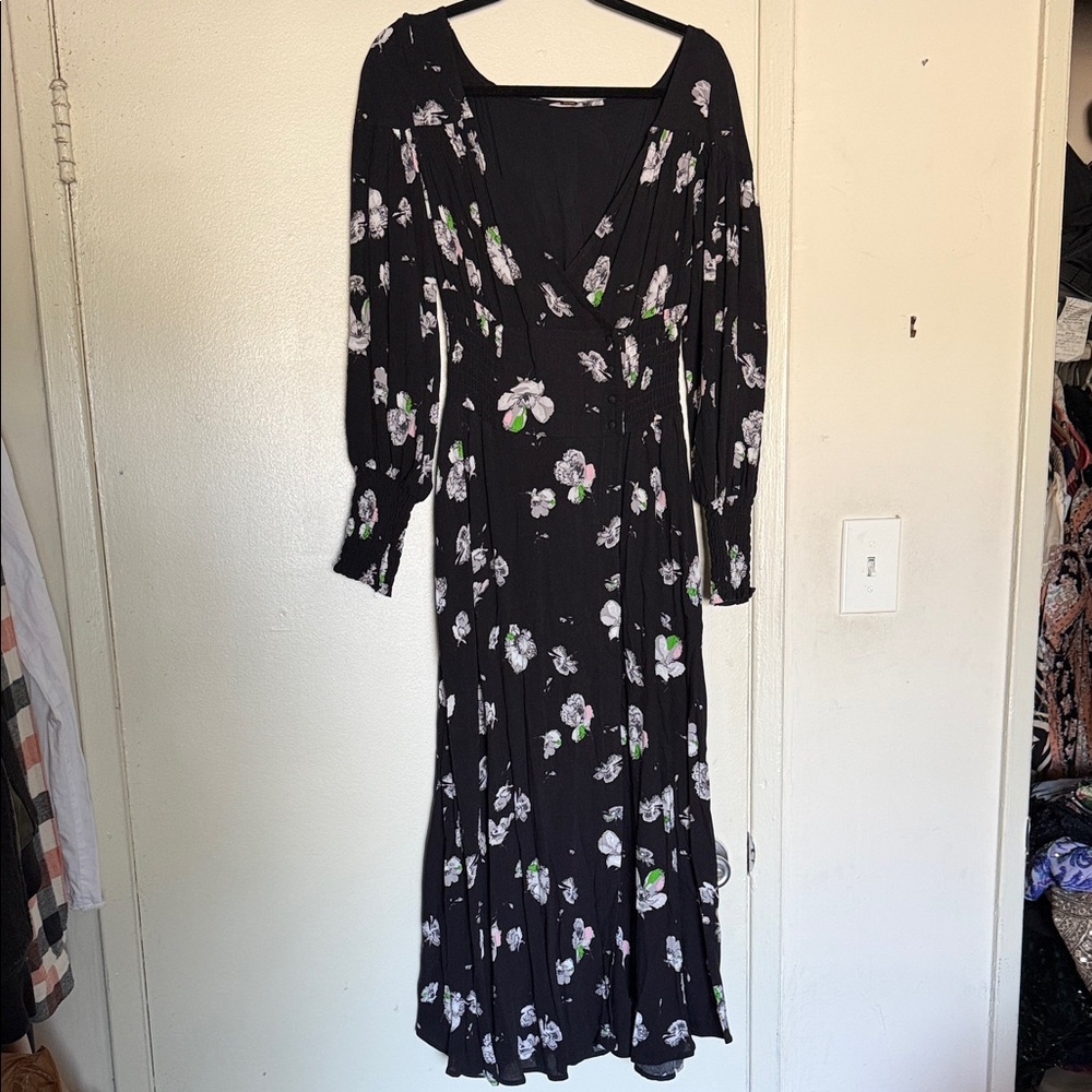 Free People Black Floral Long Sleeve Wrap Maxi Dress
